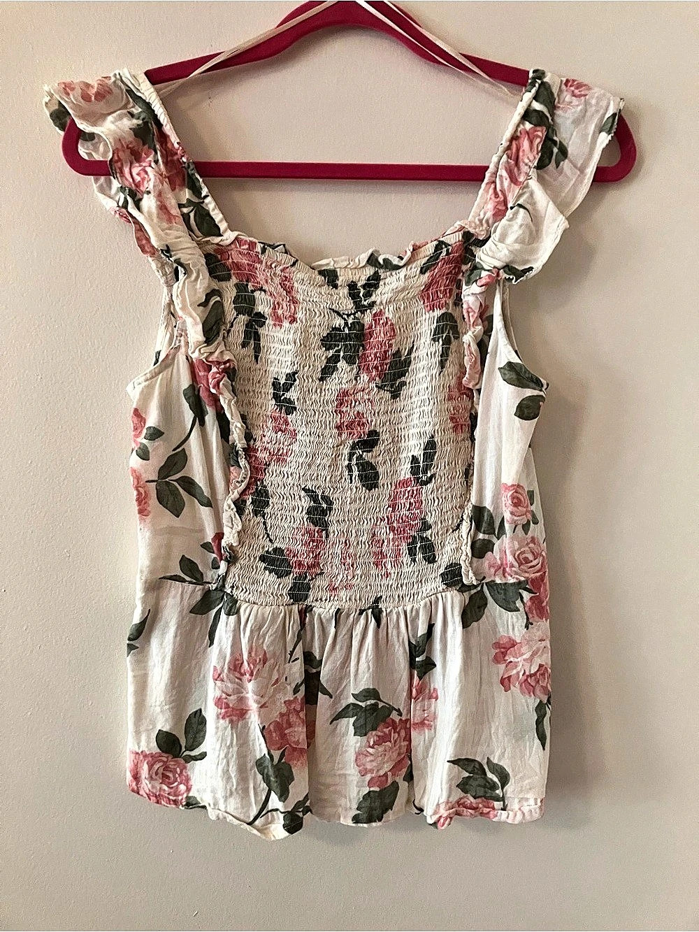 Old Navy Smocked Peplum Tank Top White & Pink Size Medium
